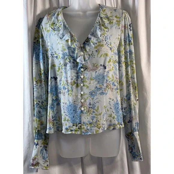 I.E.‎ Blue Green Floral Silk Ruffle V-Neck Button Down Top 10 Cottagecore 79-42 - Picture 2 of 14
